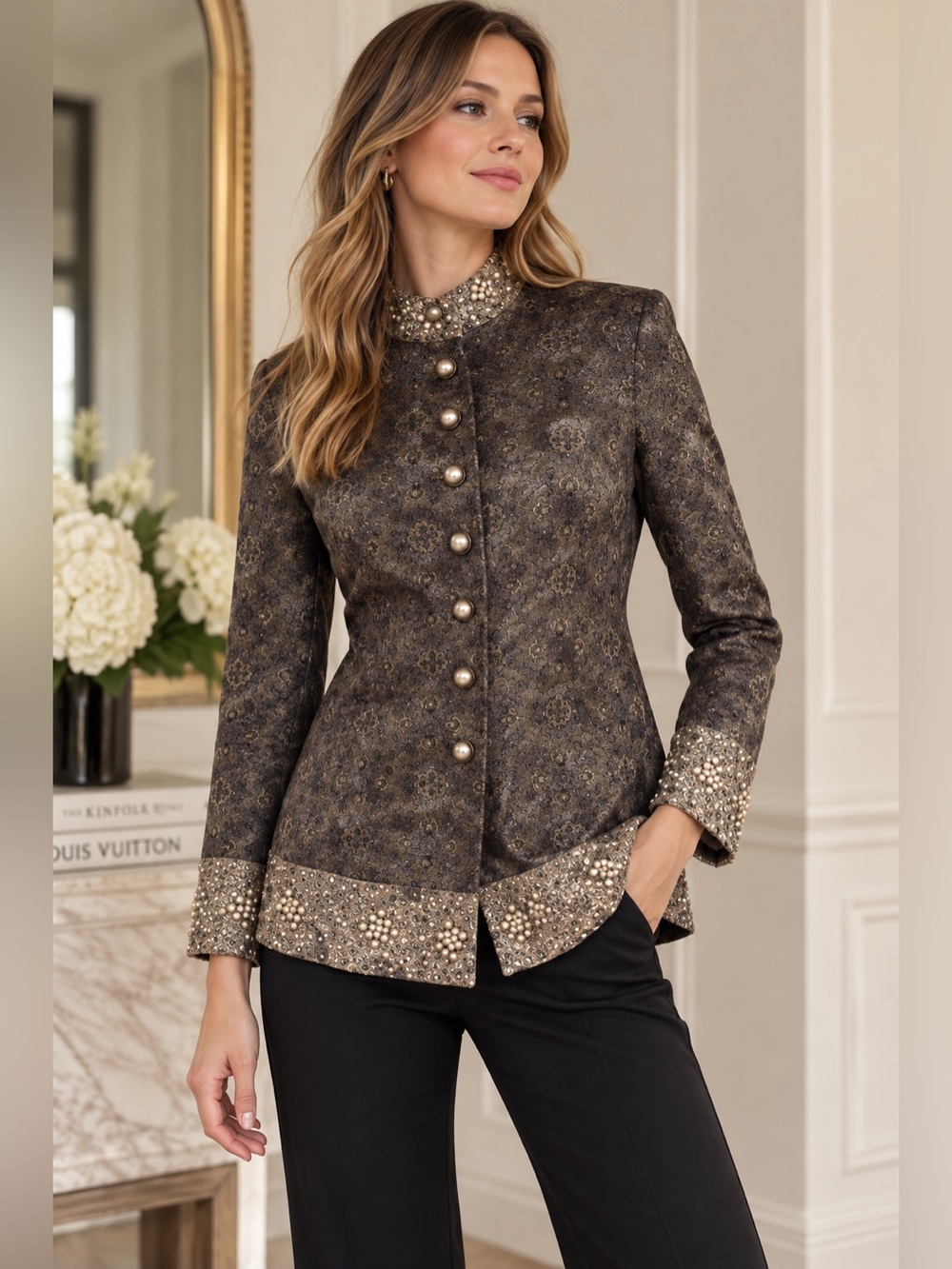 Kensie Baroque Brocade Embellished Statement Jacket Pearl Beaded Size 10